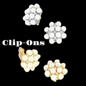 Silver Tone Flower Pearl & Rhinestone Clip-On Earrings
